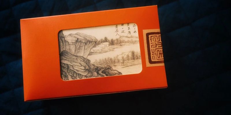 An orange gift box with a window showing a traditional ink landscape painting of cliffs and a village