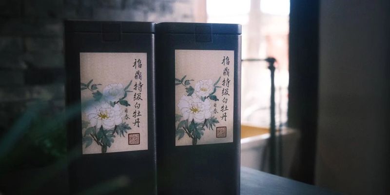Two dark tins of white peony tea side by side near a window, with brick and soft daylight in the background